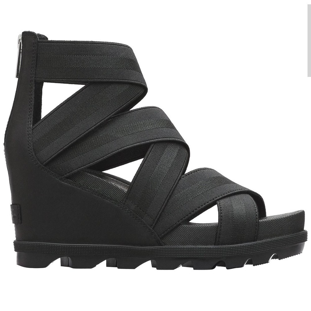 Sorel Joanie II Women 10 Black Strappy Gladiator Wedge Sandals Back Zip Lug Sole
